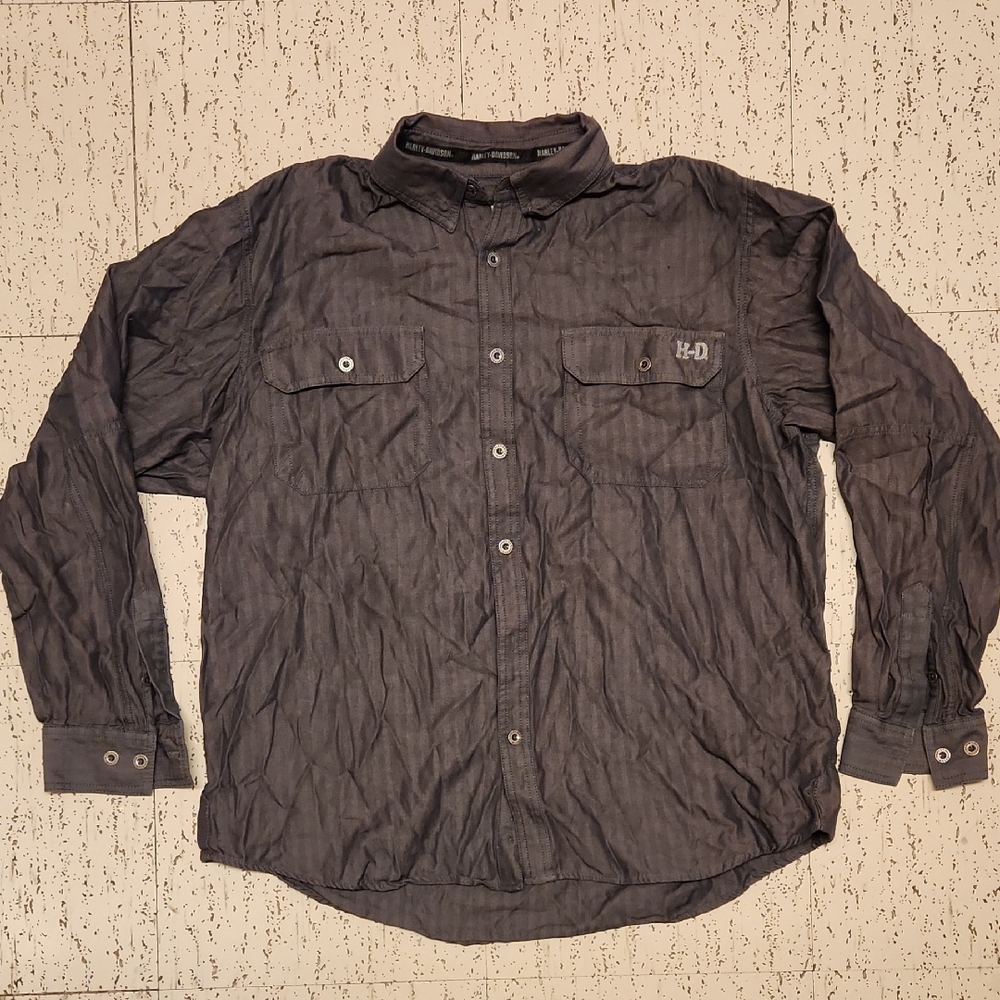 Harley Davidson Grey Embroidered Spell Out Logo Button Down Dress Shirt